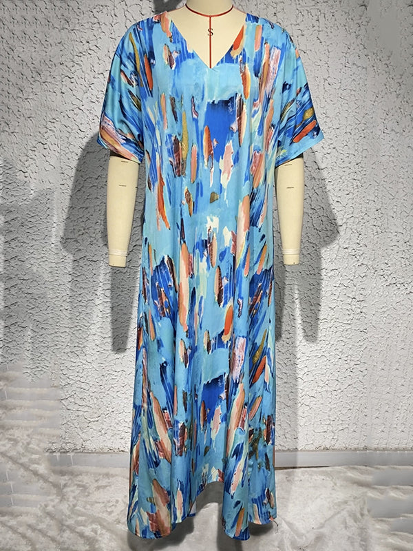 Loose Short Sleeves Multi-Colored Printed V-Neck Maxi Dresses