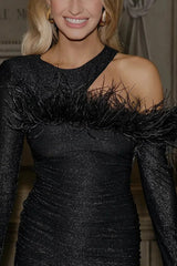 Cold Shoulder Feather Trim Shimmery Asymmetric Mini Dresses-Black [Pre Order]