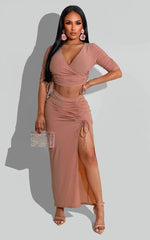 Pleating V-neck T-shirt High Slit Drawstring Skirt Two-Piece Suit