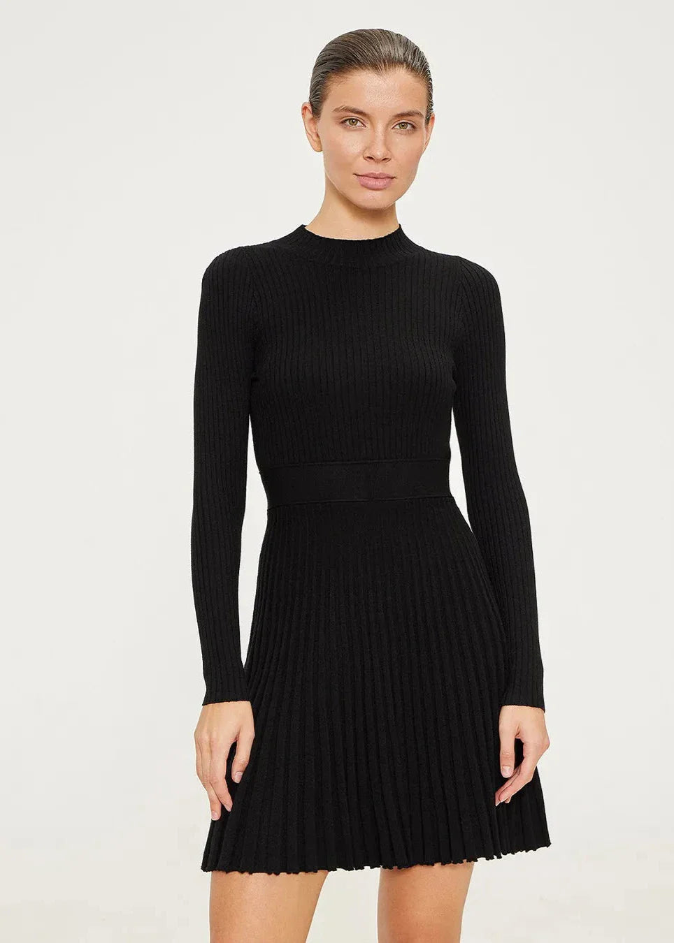 Elegant Ribbed Pleated Knit Dress - Half Turtleneck Long Sleeve