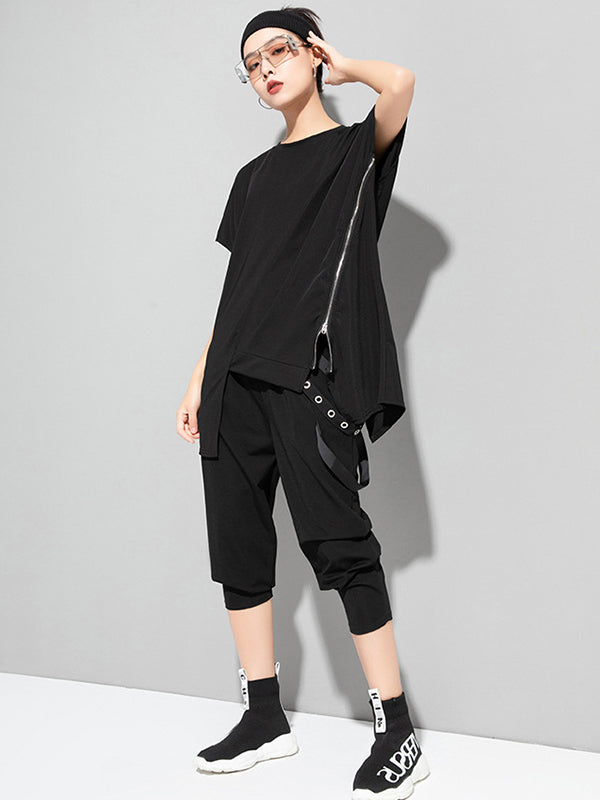 Stylish Irregular Zipper Split-Joint Black T-Shirt Top