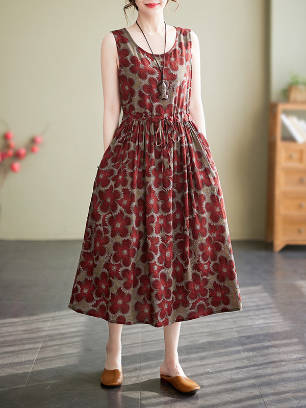 Loose Oversize Drawstring Floral Printed Round-Neck Midi Dresses