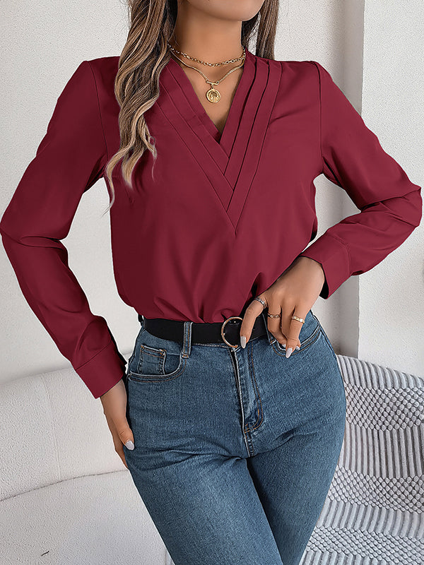 Long Sleeves Loose Pleated Solid Color Split-Joint V-Neck T-Shirts Tops