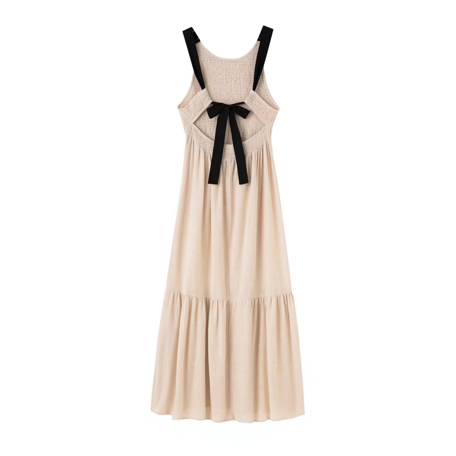 Pleated Lace-up Vest Sleeveless Dress Loose Casual A line Dress Maxi Dress Summer