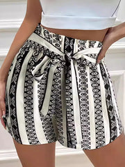 High Waisted Loose Elasticity Printed Split-Joint Tied Waist Shorts