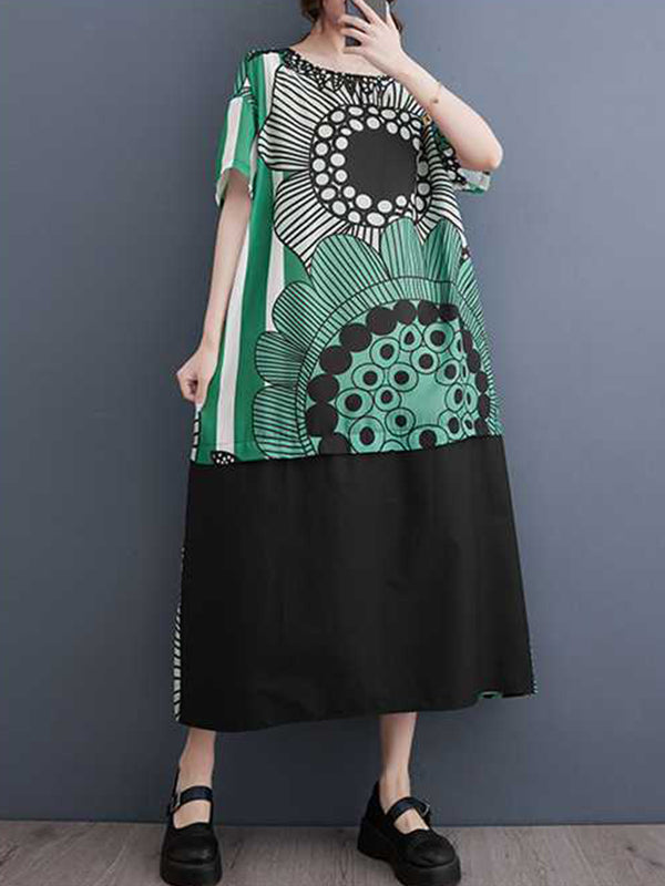 A-Line Loose Flower Print Pockets Split-Joint Round-Neck Midi Dresses