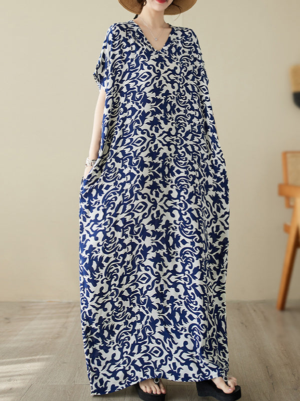 Batwing Sleeves Loose Floral Printed V-Neck Maxi Dresses