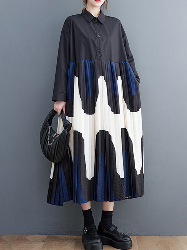 A-Line Long Sleeves Contrast Color Pleated Printing Split-Joint Polo Midi Dresses