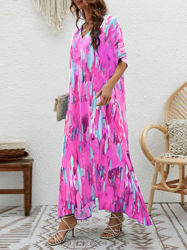 Loose Short Sleeves Contrast Color High-Waisted Printed V-neck Maxi Dresses