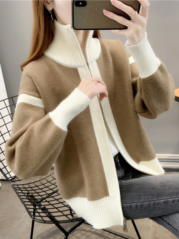 Casual Long Sleeves Contrast Color Zipper Stand Collar Cardigan Tops