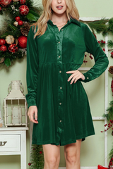 Green Long Sleeve Ruffle Velvet Button Up Shirt Dress