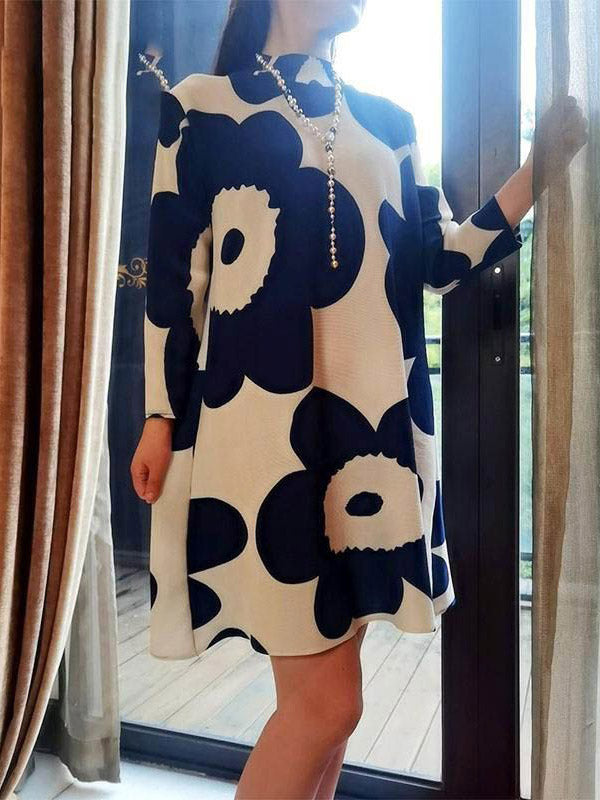 Long Sleeves Loose Flower Print Pleated Mock Neck Mini Dresses