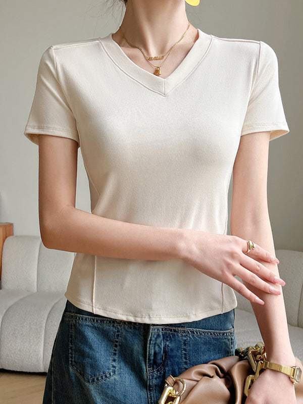 Short Sleeves Skinny Solid Color Split-Joint V-Neck T-Shirts