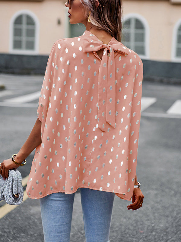 Loose Bandage Polka Dot Round-Neck Blouses&Shirts Tops