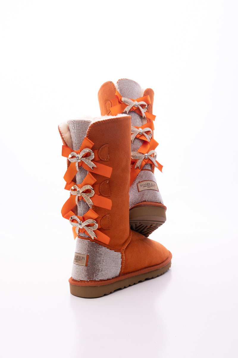 SMAIBULUN Ugg | Rhinestone Ribbon Tri-Tie Bow Suede Boots - Orange