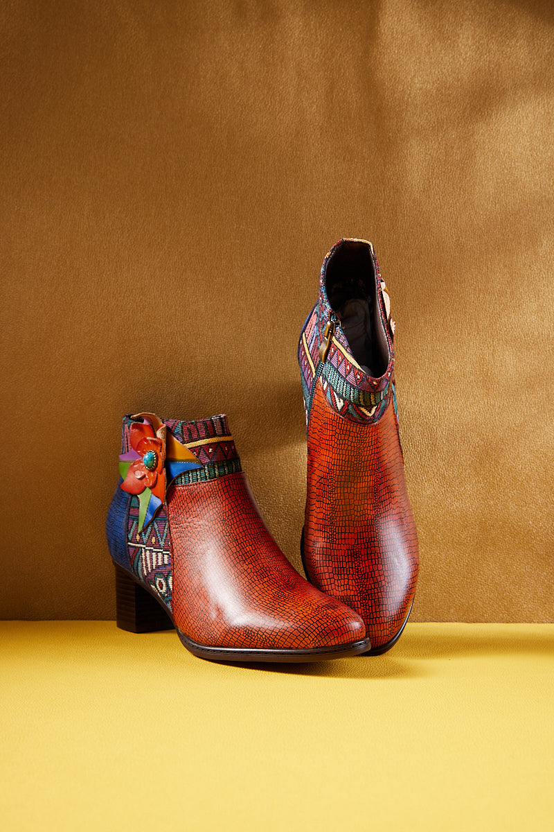 Soffia | Evanie Floral Applique Leather Ankle Boots