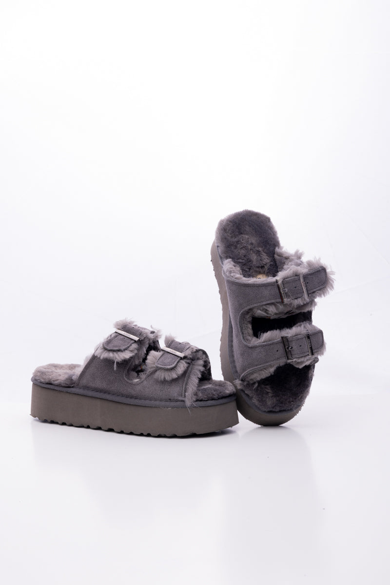 Smaibulun Ugg | Woolen Suede Double Strap Platform Sandal - Grey