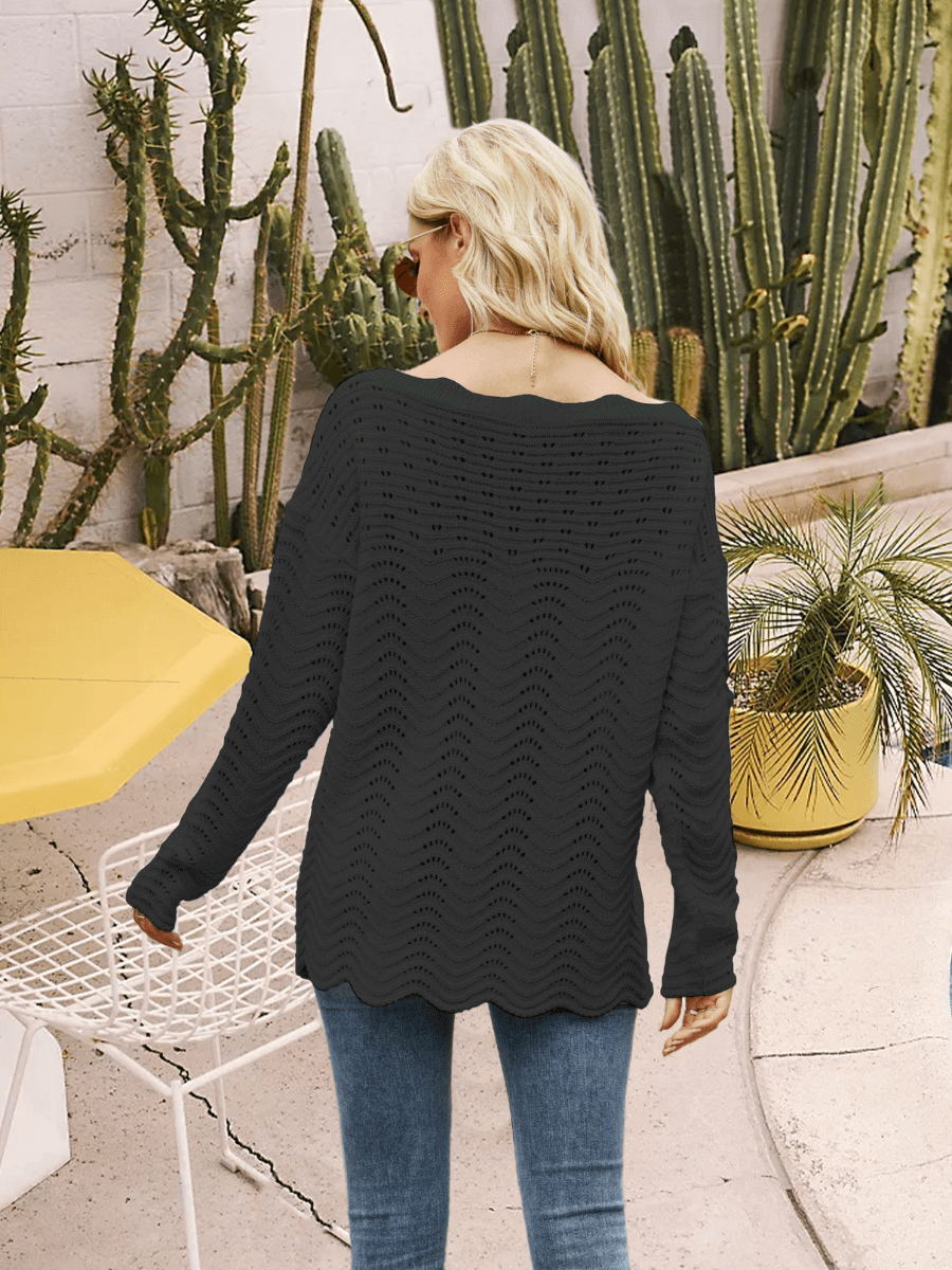 Laila Perforated Scallop Neck Knit Sweater