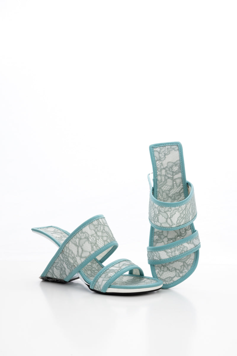 JADY ROSE | CAMELLIA LACE UPPER LEATHER HEELED SANDAL - BLUE