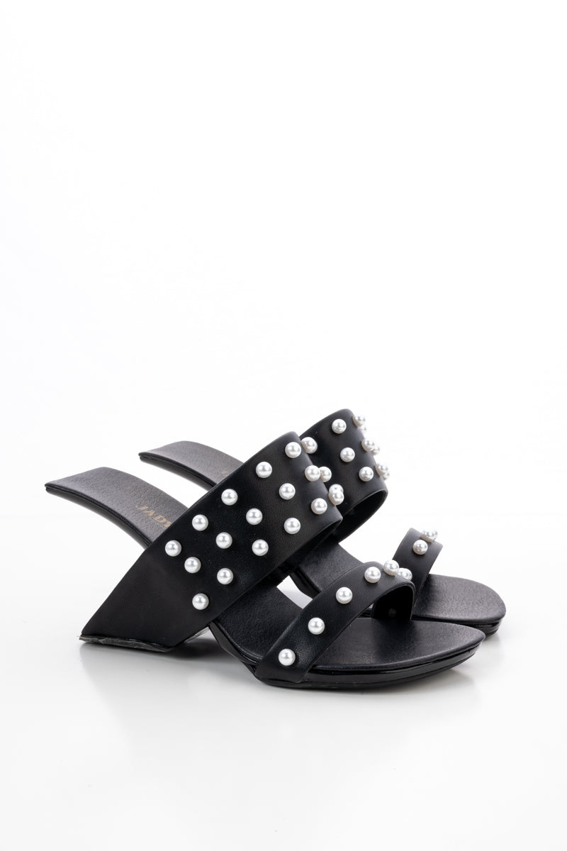 JADY ROSE | VIVIANE PEARL INLAY LEATHER HEELED SANDAL - BLACK