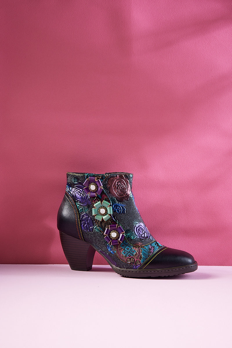 Soffia | Odette Rose Floral Embossed Leather Ankle Boots