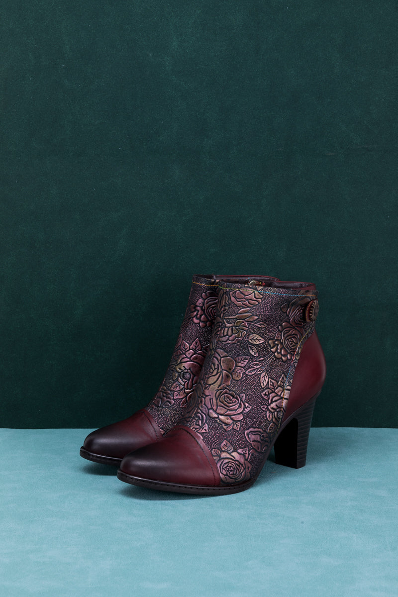 SOFFIA | FLORAL EMBOSSED METALLIC LEATHER ANKLE BOOT - CLARET