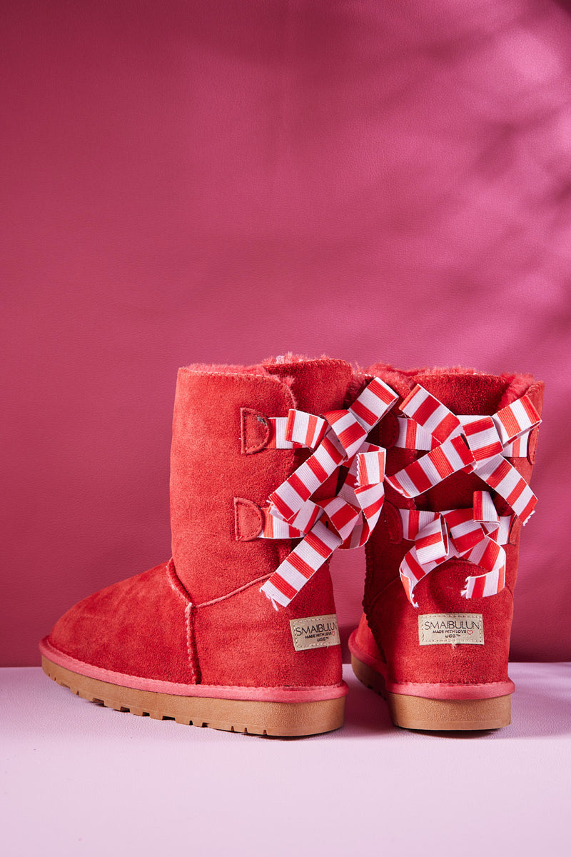 Smaibulun Ugg | Serenity Striped Bailey Bow Shearling Boots - Red