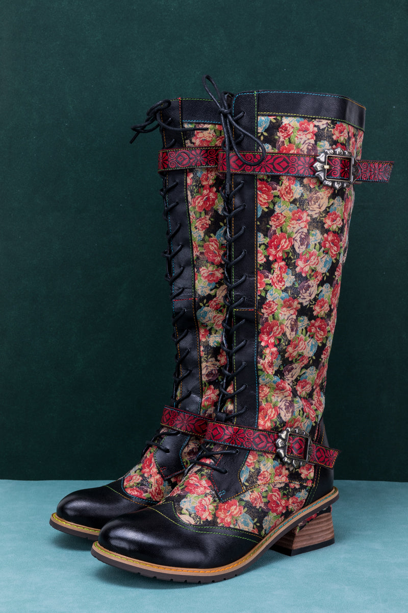 SOFFIA | BLOOMING FLORAL TIE-ACCENT LEATHER KNEE HIGH BOOT