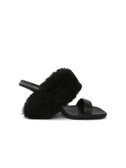 JadyRose | Faux Fur Strap Leather Wedge Sandal - Black