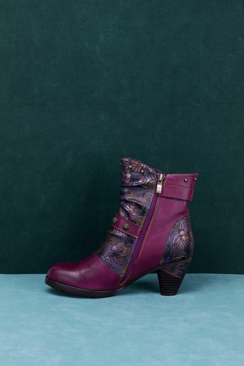 SOFFIA | FLORAL EMBOSSED BUCKLE UP LEATHER BOOTIE - VIOLET