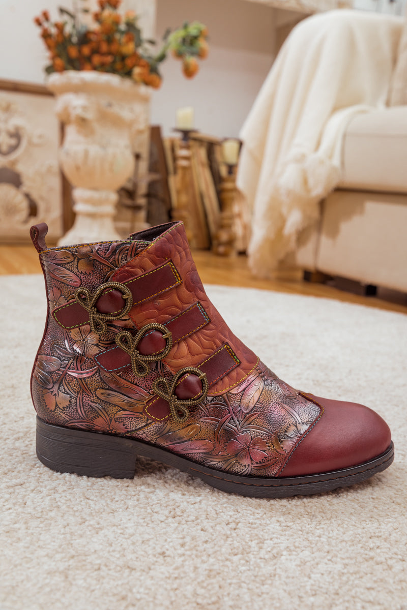 SOFFIA | ROSE GARDEN EMBOSSED LEATHER STRAP BOOT - CLARET