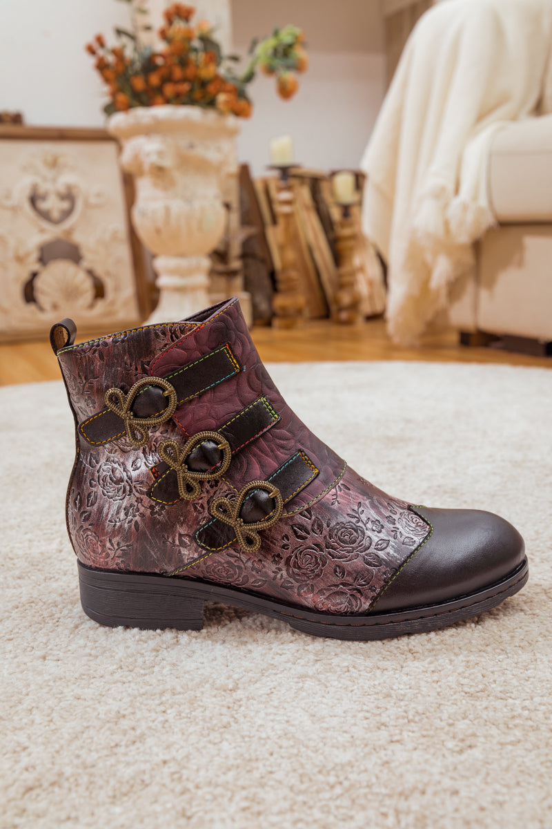 SOFFIA | ROSE GARDEN EMBOSSED LEATHER STRAP BOOT - BROWN