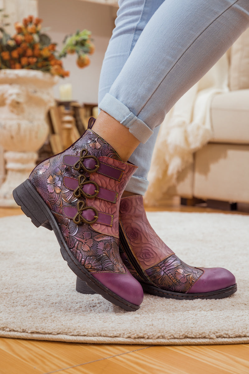 SOFFIA | ROSE GARDEN EMBOSSED LEATHER STRAP BOOT - PURPLE