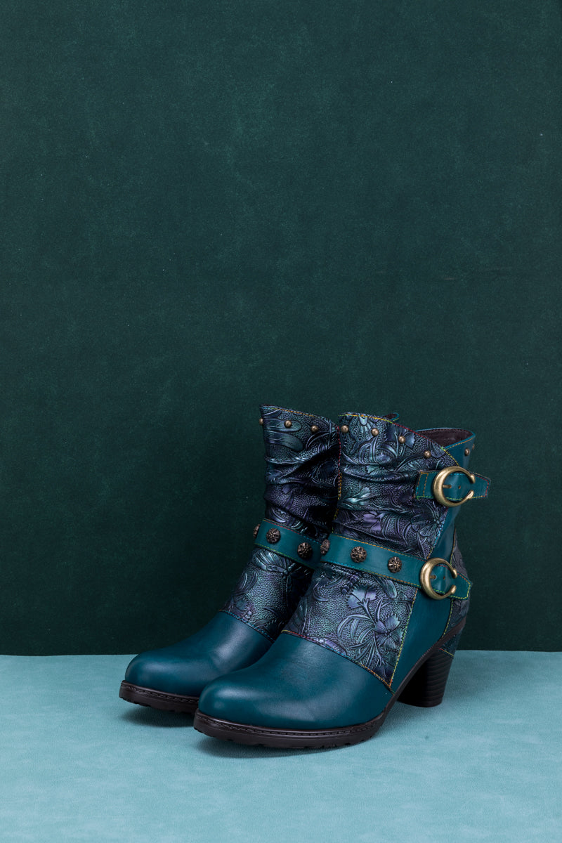 SOFFIA | FLORAL EMBOSSED BUCKLE UP LEATHER BOOTIE - TEAL