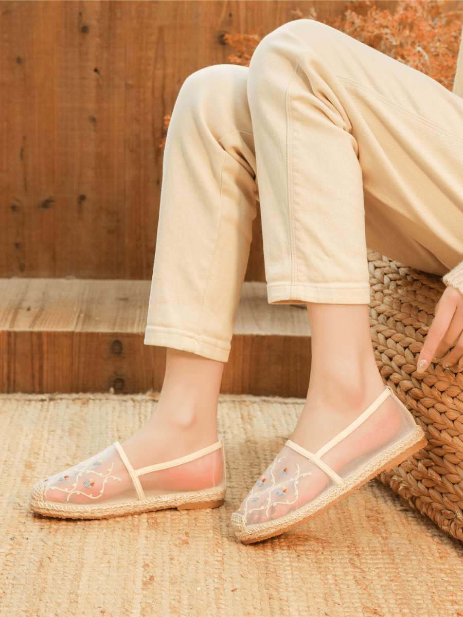 CACTUS ROSE | TWIN FLOWER EMBROIDERED LINEN ESPADRILLES - WHITE