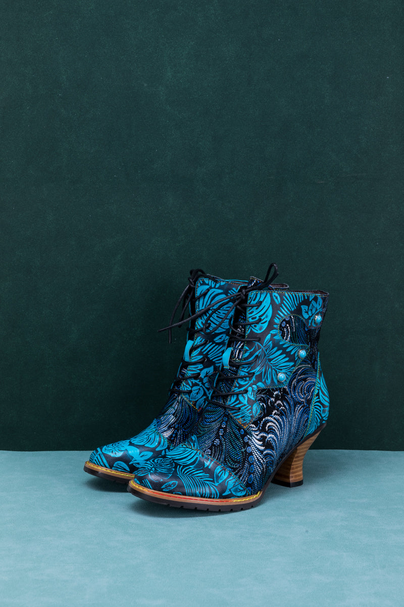 SOFFIA | PALM LEAF PEACOCK FEATHER LEATHER ANKLE BOOT