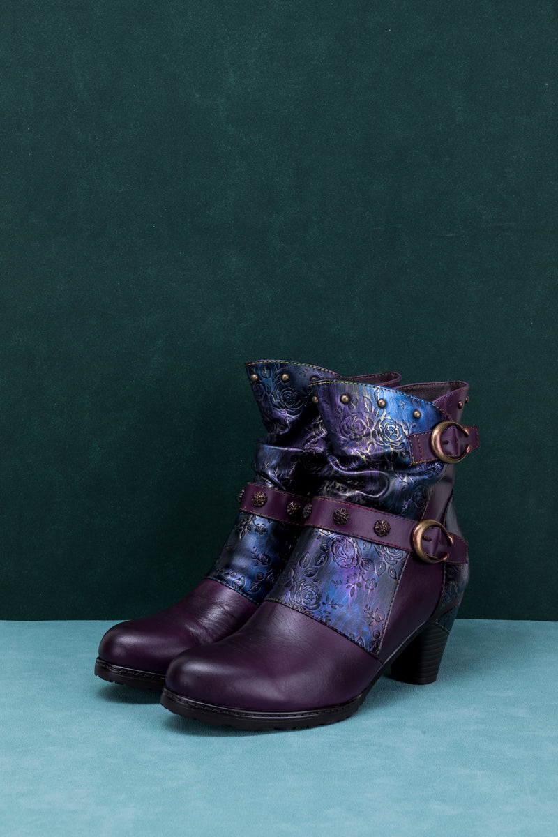 SOFFIA | FLORAL EMBOSSED BUCKLE UP LEATHER BOOTIE - PURPLE