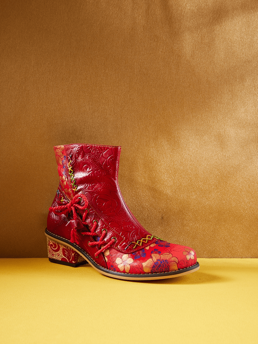 Soffia | Naomie Rose Embossed Floral Leather Combat Boots