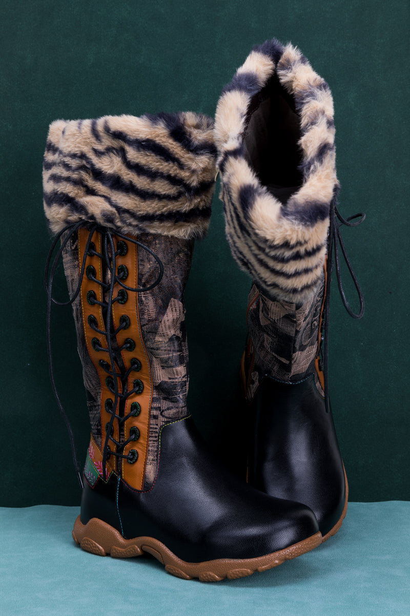 SOFFIA | TIGER PATTERN FUR CIRCUM LEATHER TIE-ACCENT BOOT