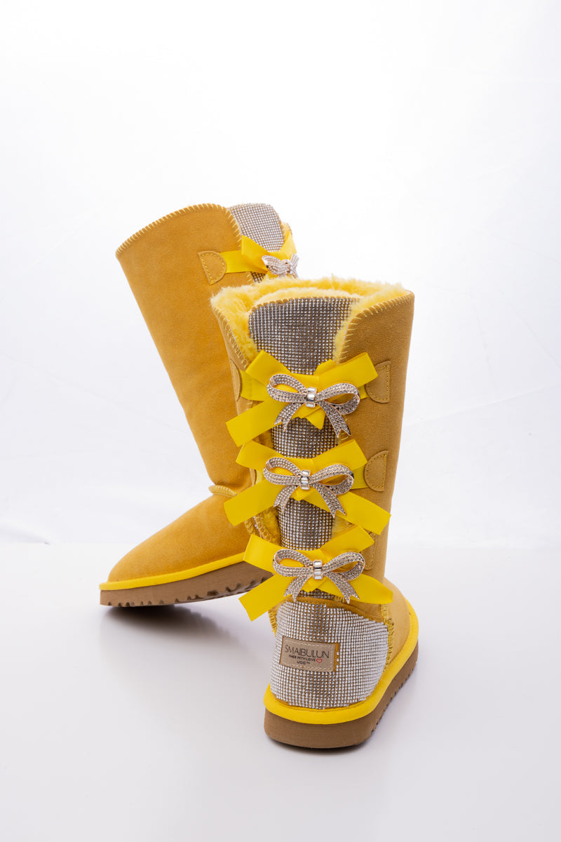 SMAIBULUN Ugg | Rhinestone Ribbon Tri-Tie Bow Suede Boots - Yellow