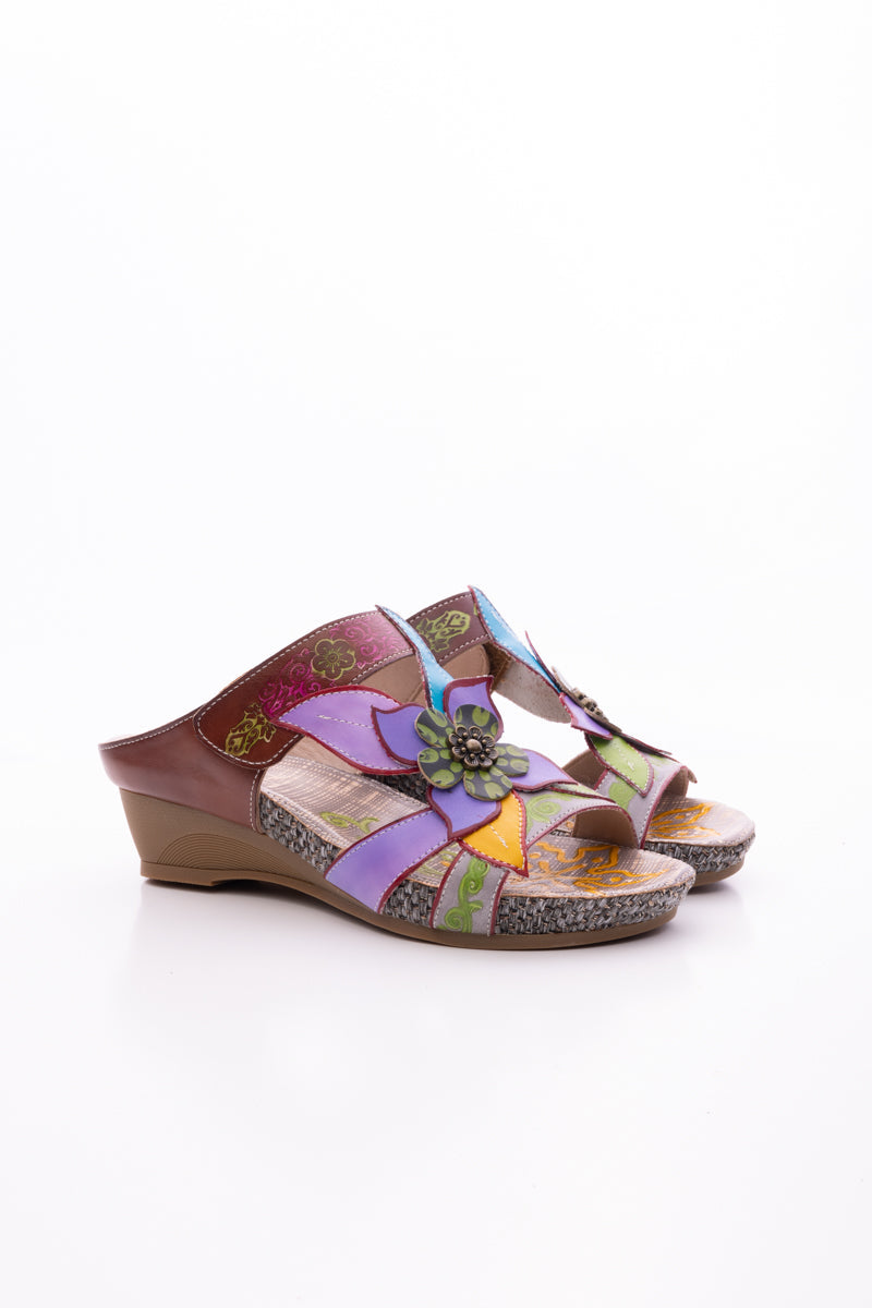 SOFFIA | FLOR DE PARAISO LEATHER WEDGE SANDAL - PURPLE