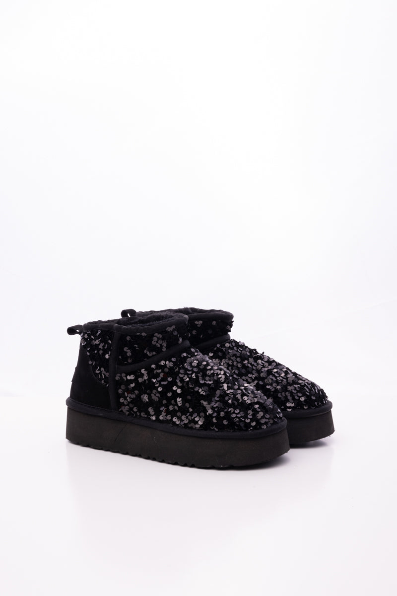 Smaibulun Ugg | Mini Glitter Low Ankle Platform Boots - Black