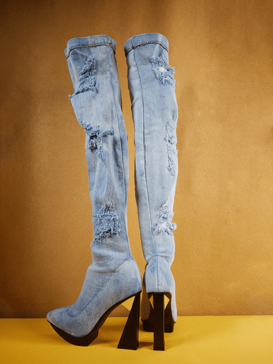 Jady Rose | Cosmia Over-Knee Distressed Denim Heel Boots