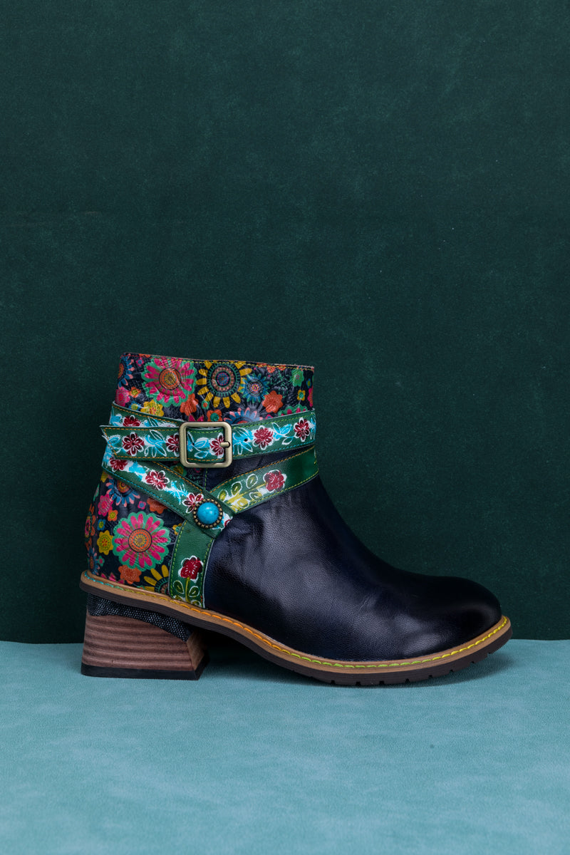 SOFFIA | ABSTRACT FLORAL STRAP LEATHER ANKLE BOOT