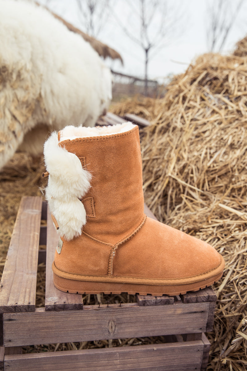 SMAIBULUN Ugg | Back Woollen Bow Suede Boots - Chestnut