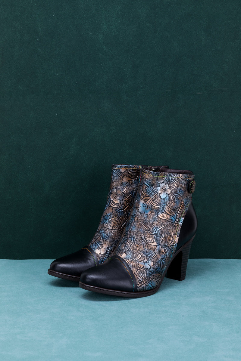 SOFFIA | FLORAL EMBOSSED METALLIC LEATHER ANKLE BOOT - BLACK