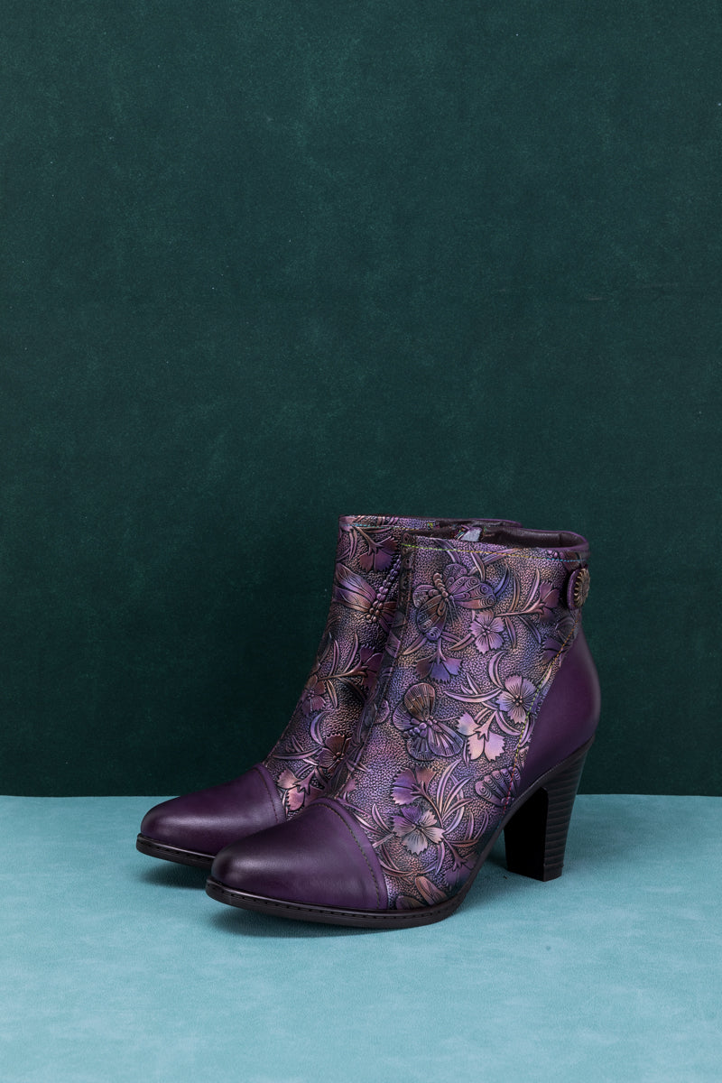 SOFFIA | FLORAL EMBOSSED METALLIC LEATHER ANKLE BOOT - PURPLE