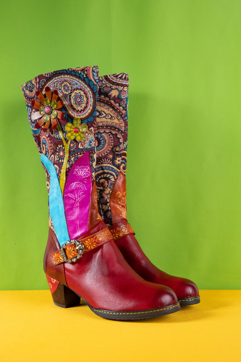 Soffia | Brycen Abstract Swirl Print Floral Applique Leather Boots