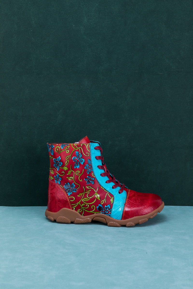 SOFFIA | SWIRL FLORAL EMBOSSED LACE UP LEATHER COMBAT BOOT