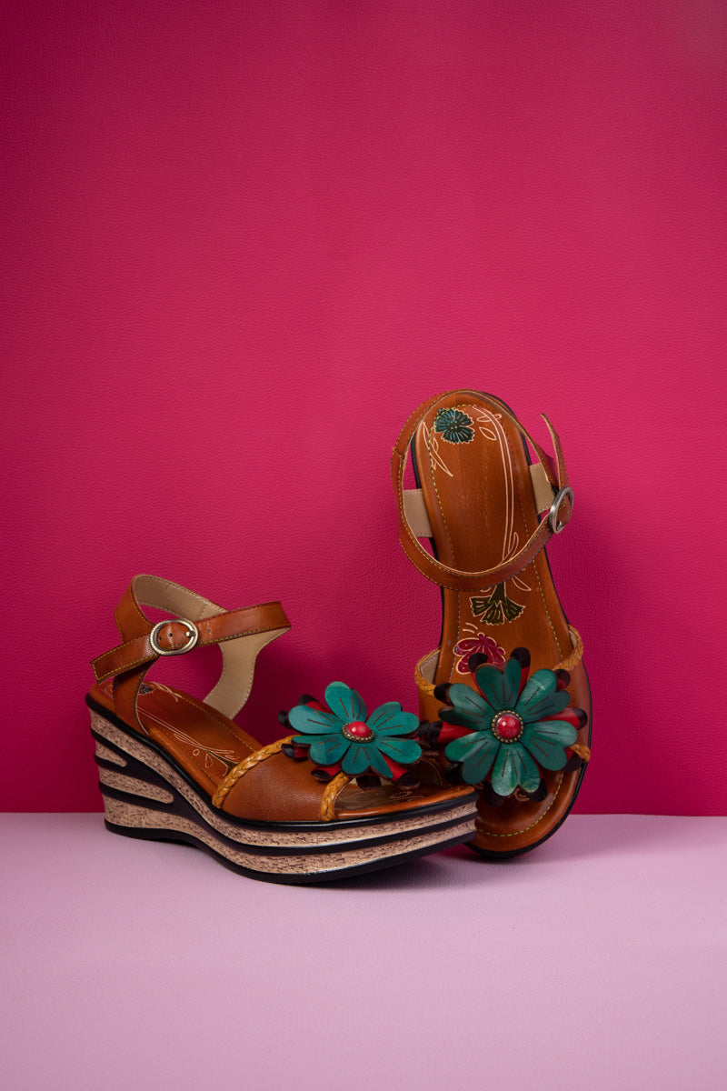 Soffia | Asmara Floral Head Applique Leather Wedge